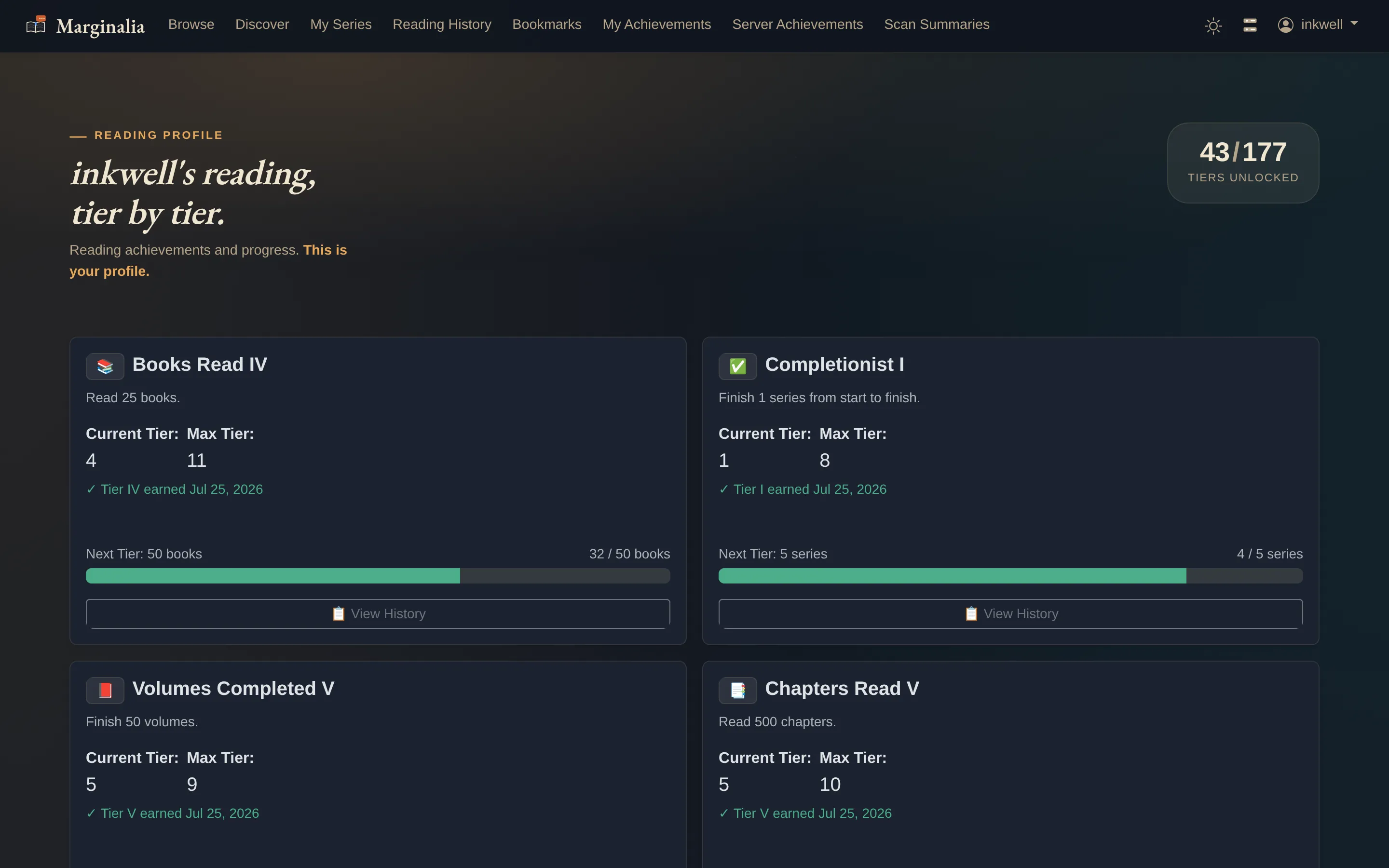 Achievement profile in dark mode