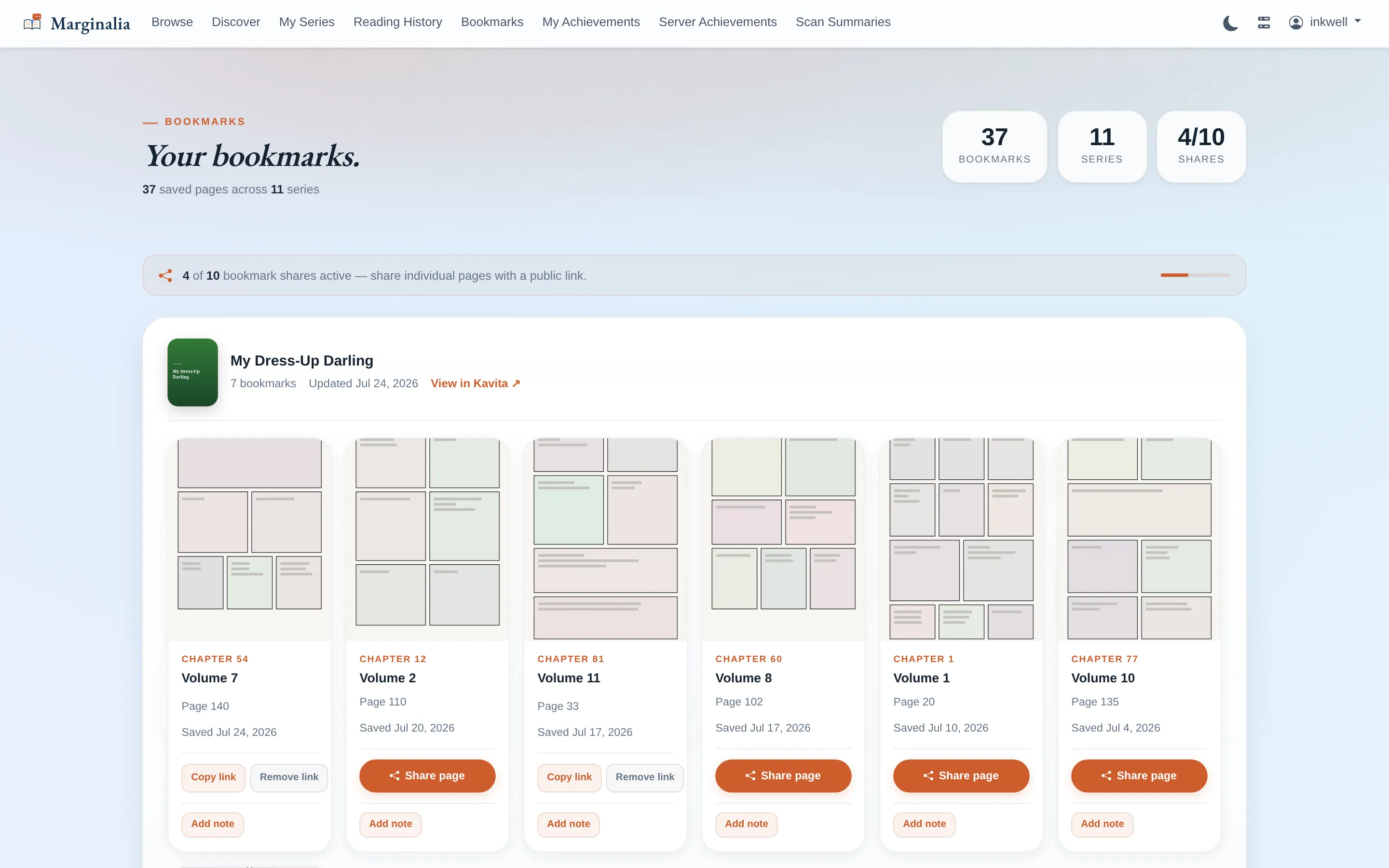 Bookmark gallery grouped by series, each saved page shown as a thumbnail with share and note buttons