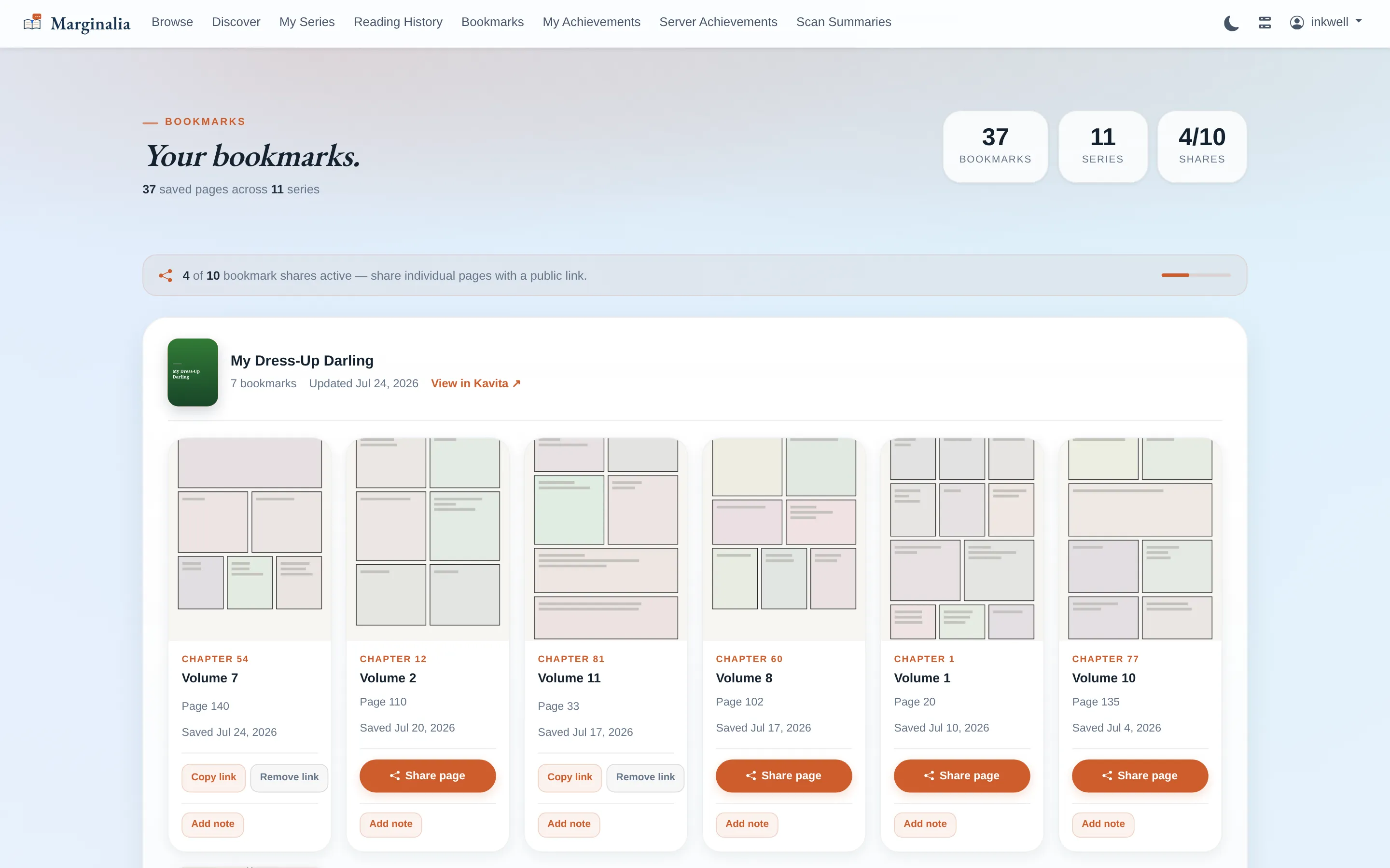 Bookmark gallery grouped by series, each saved page shown as a thumbnail with a share button
