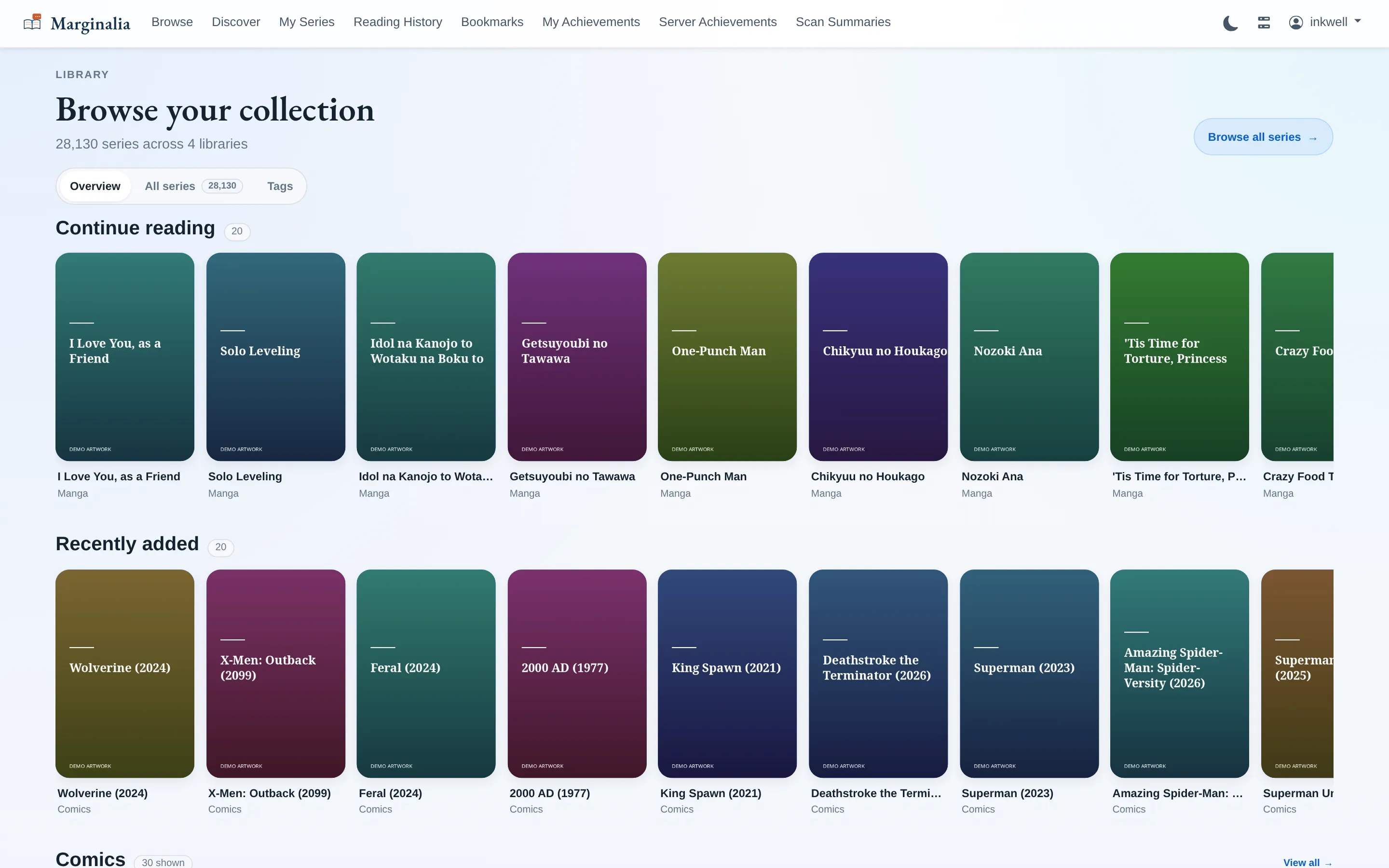 Browse page showing shelves of series cards for continue reading, recently added, and per library