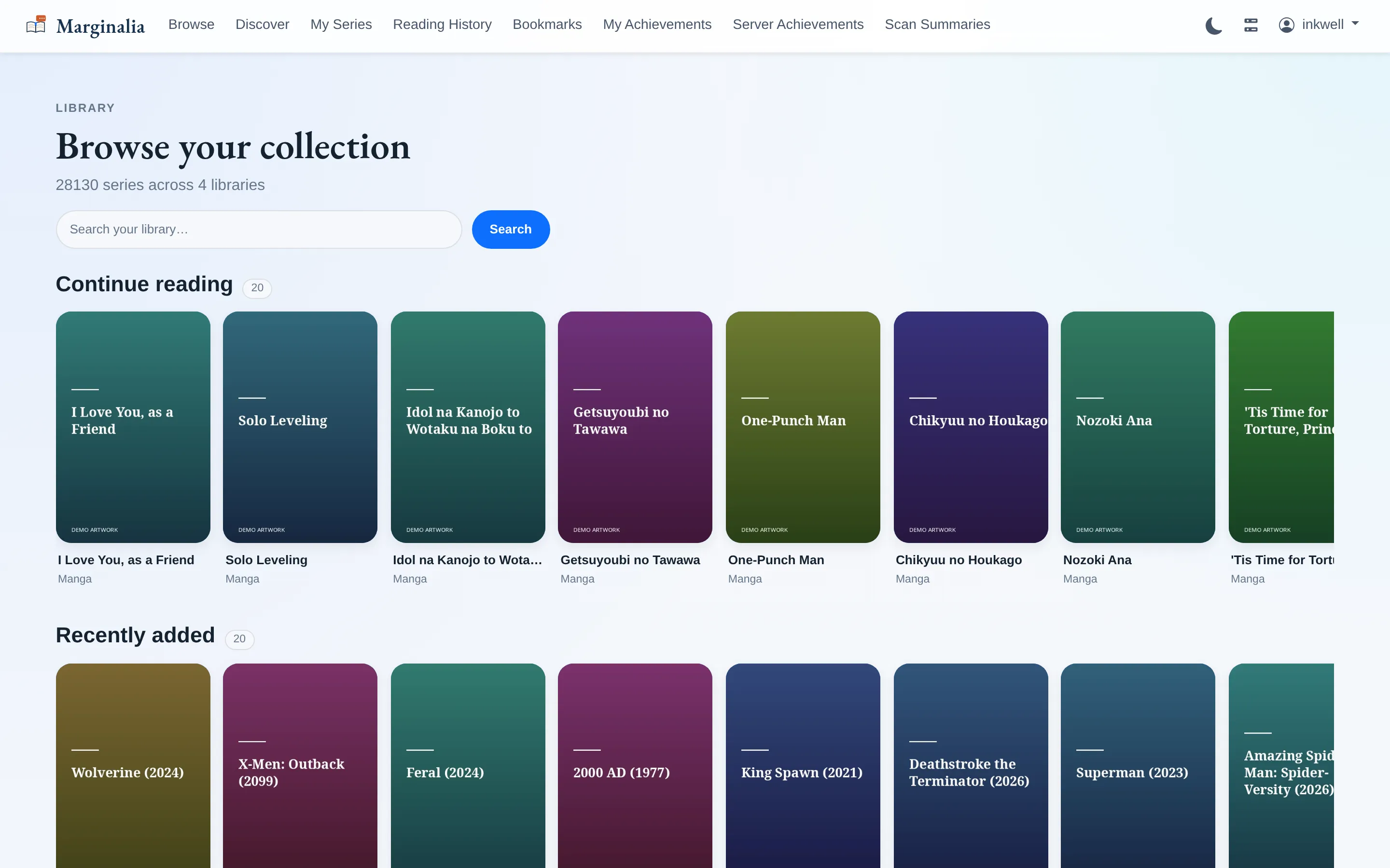 Browse page showing shelves of series cards grouped by continue reading, recently added, and per library