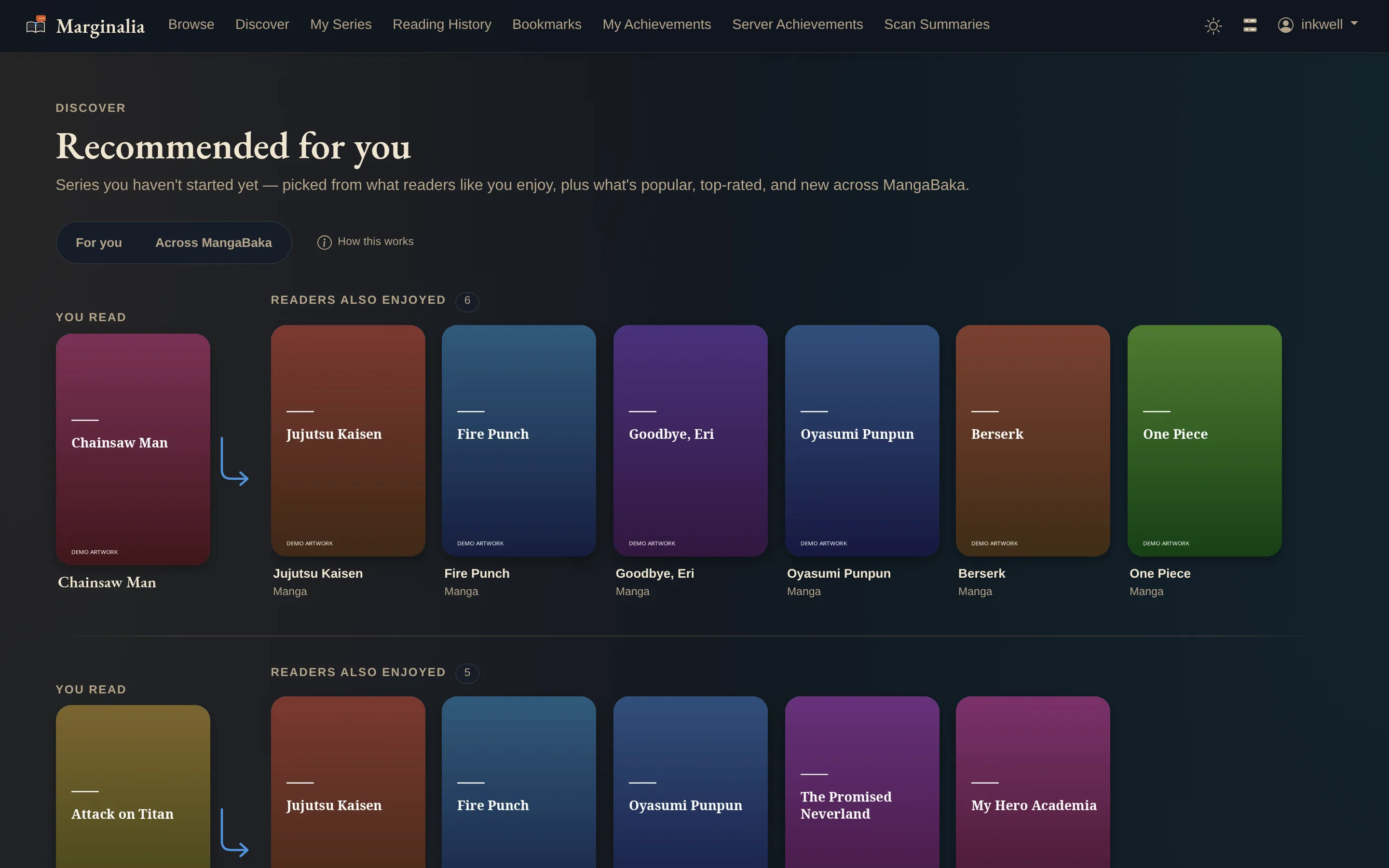 Discover page in dark mode