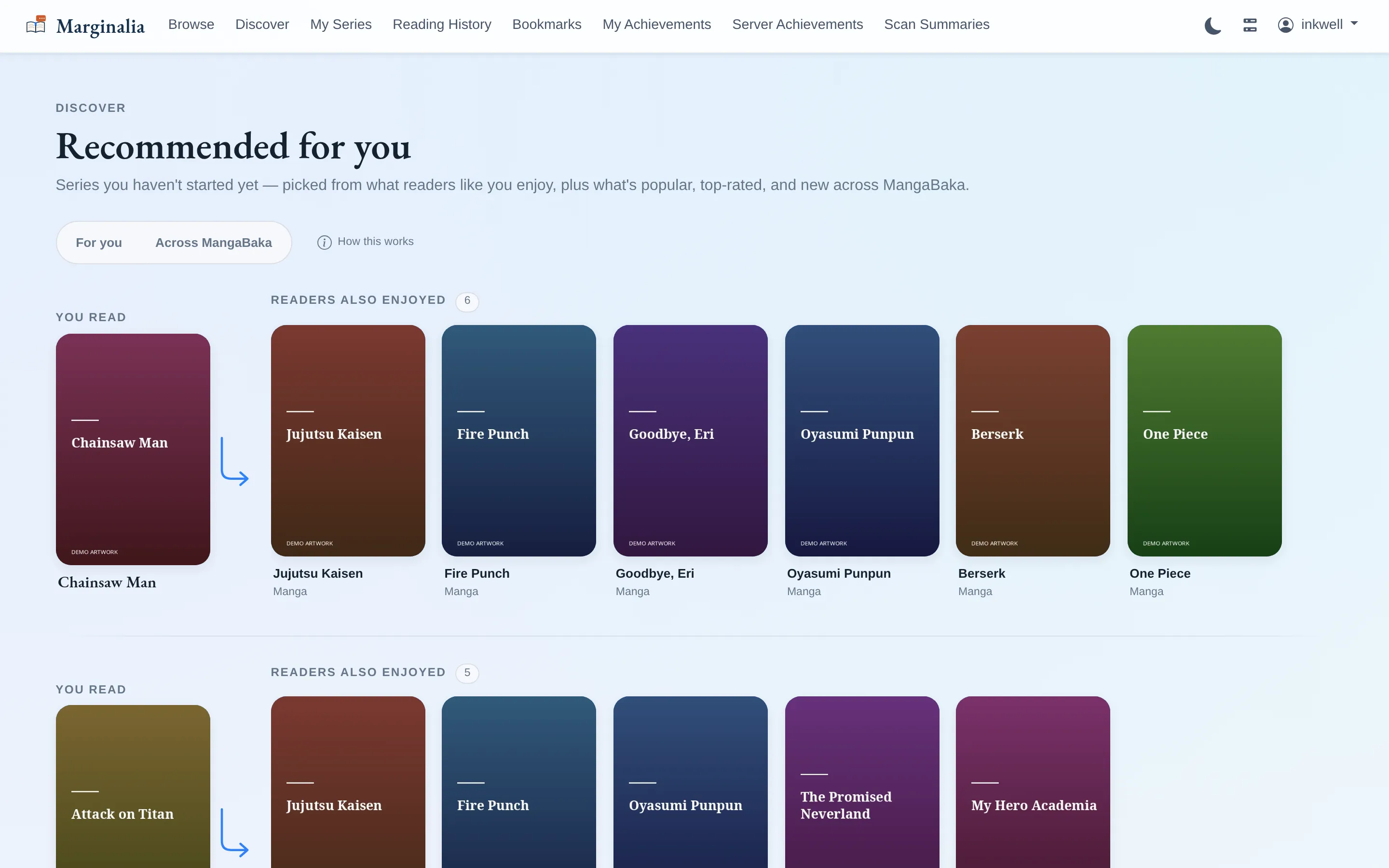 Discover page showing rows of recommendations, each seeded from a series the reader recently finished