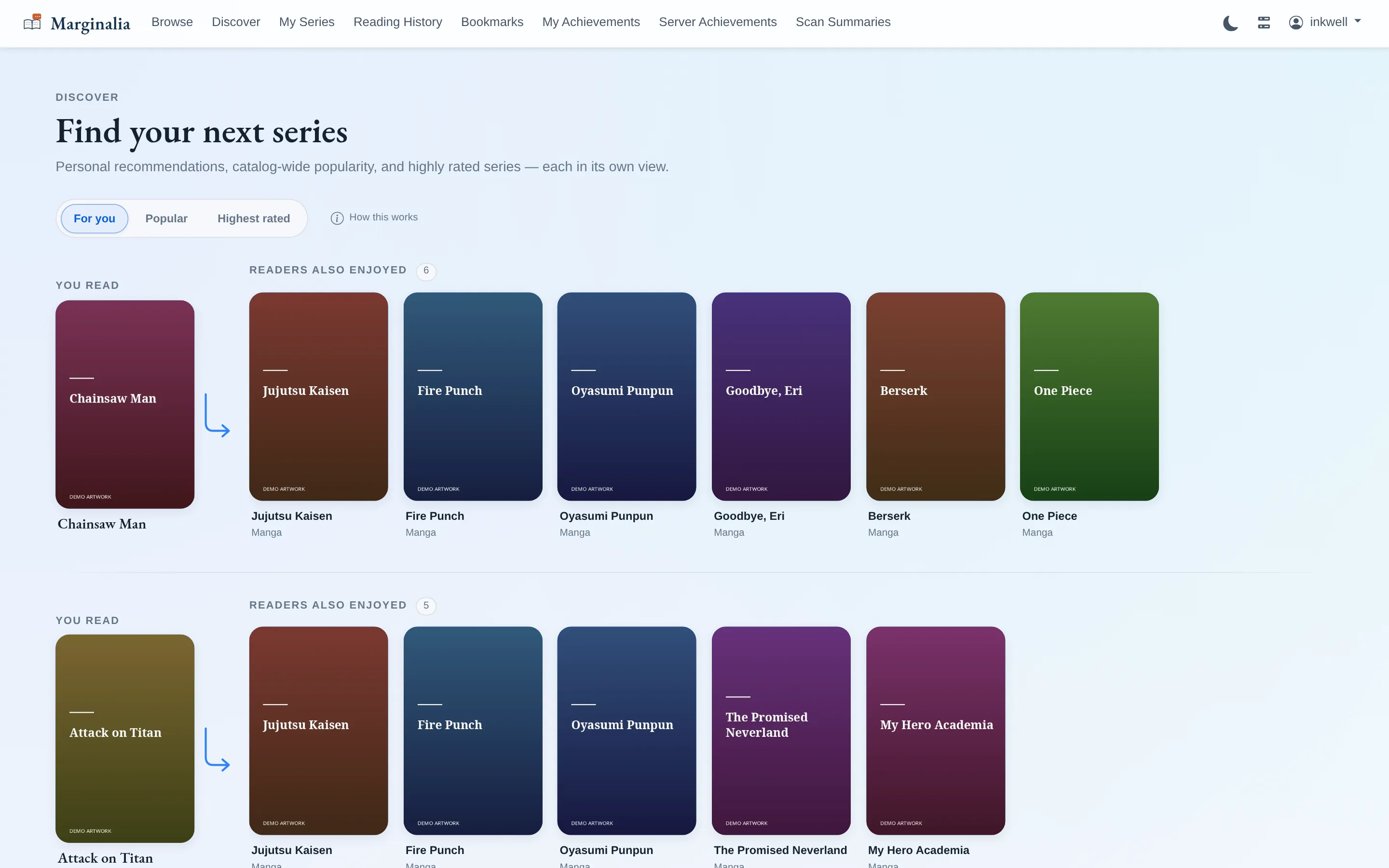 Discover page showing rows of recommendations, each seeded from a series the reader recently finished