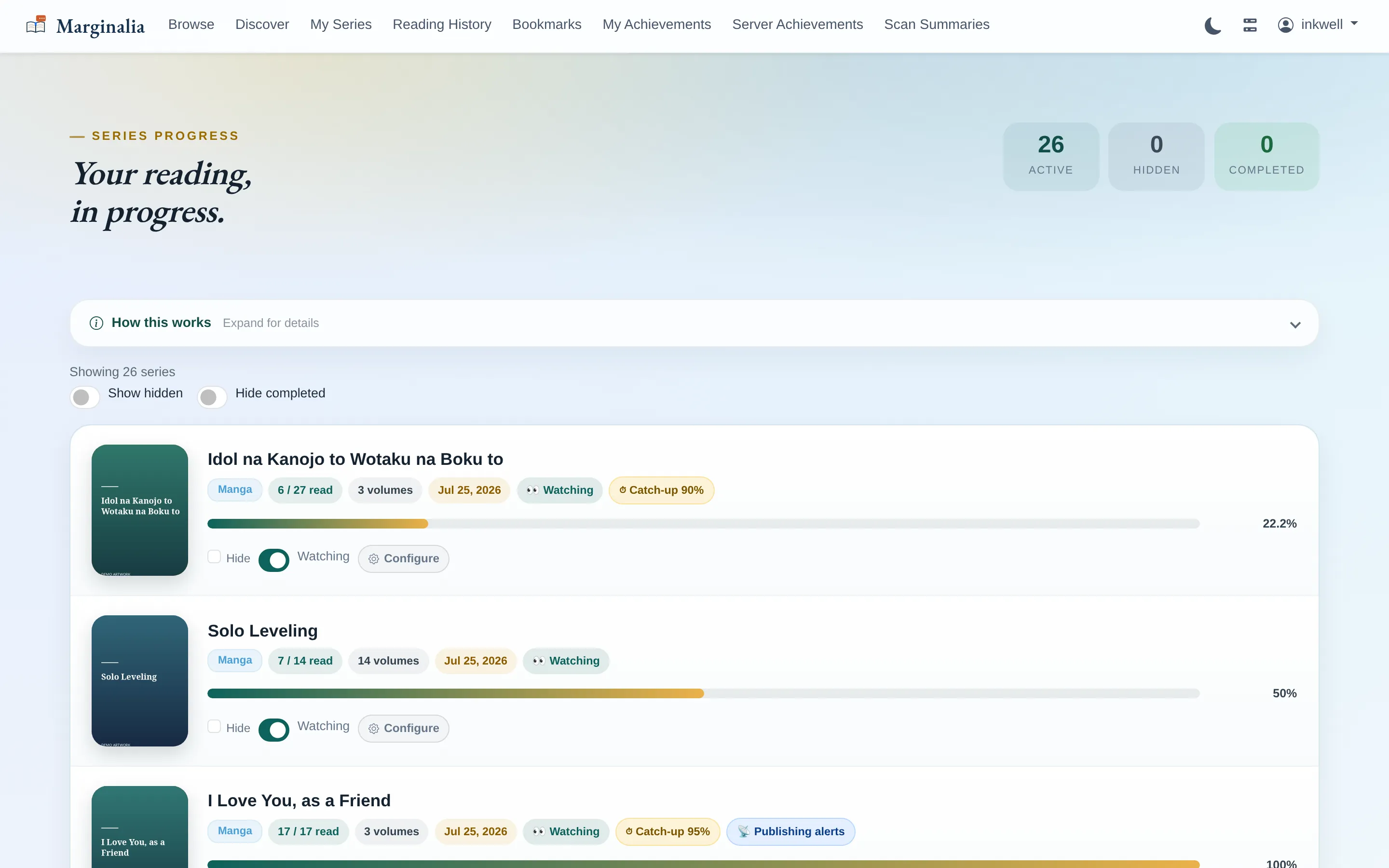 My Series page listing in-progress series with watch toggles, progress bars and catch-up thresholds