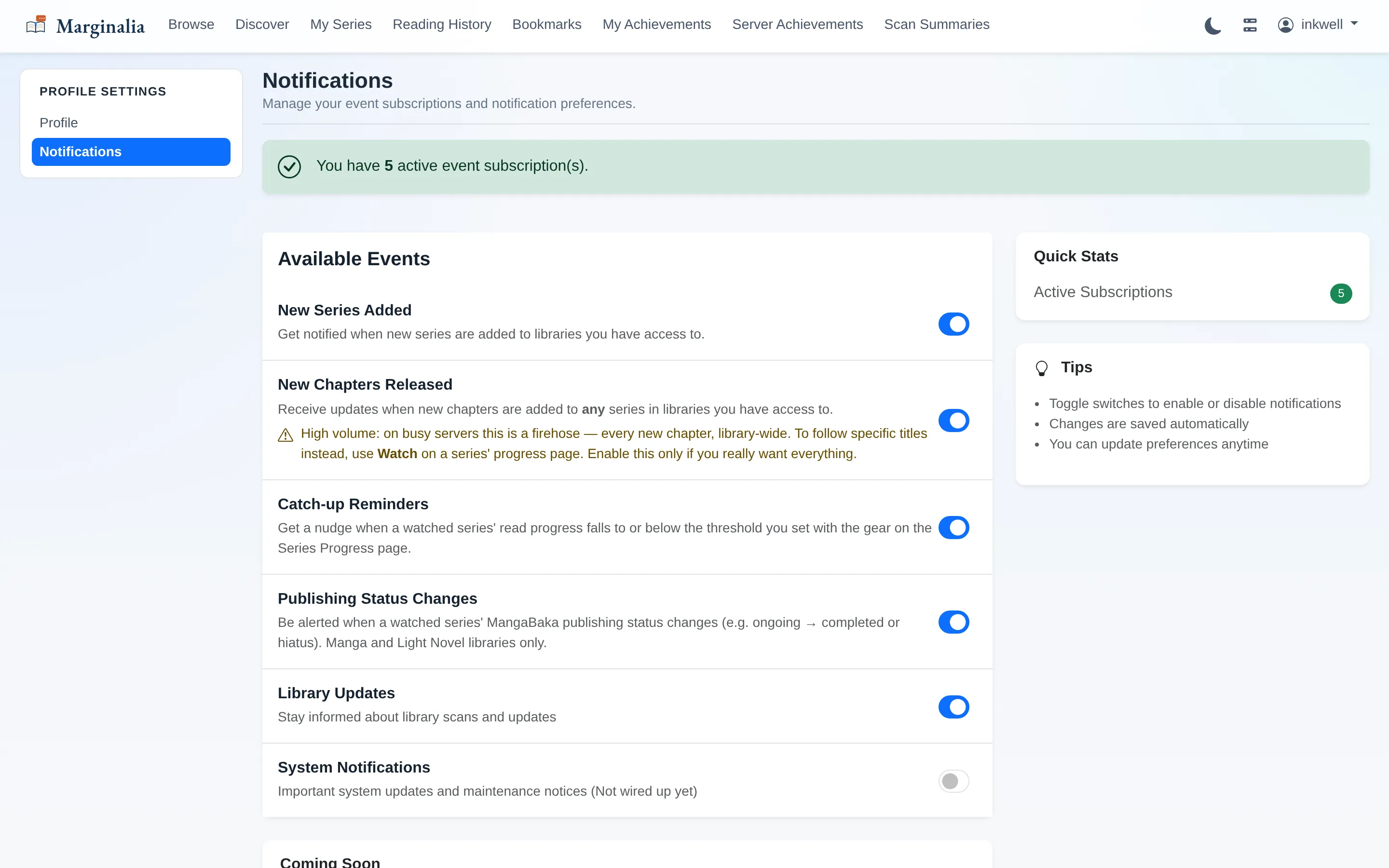Notification settings page with toggles for each event type