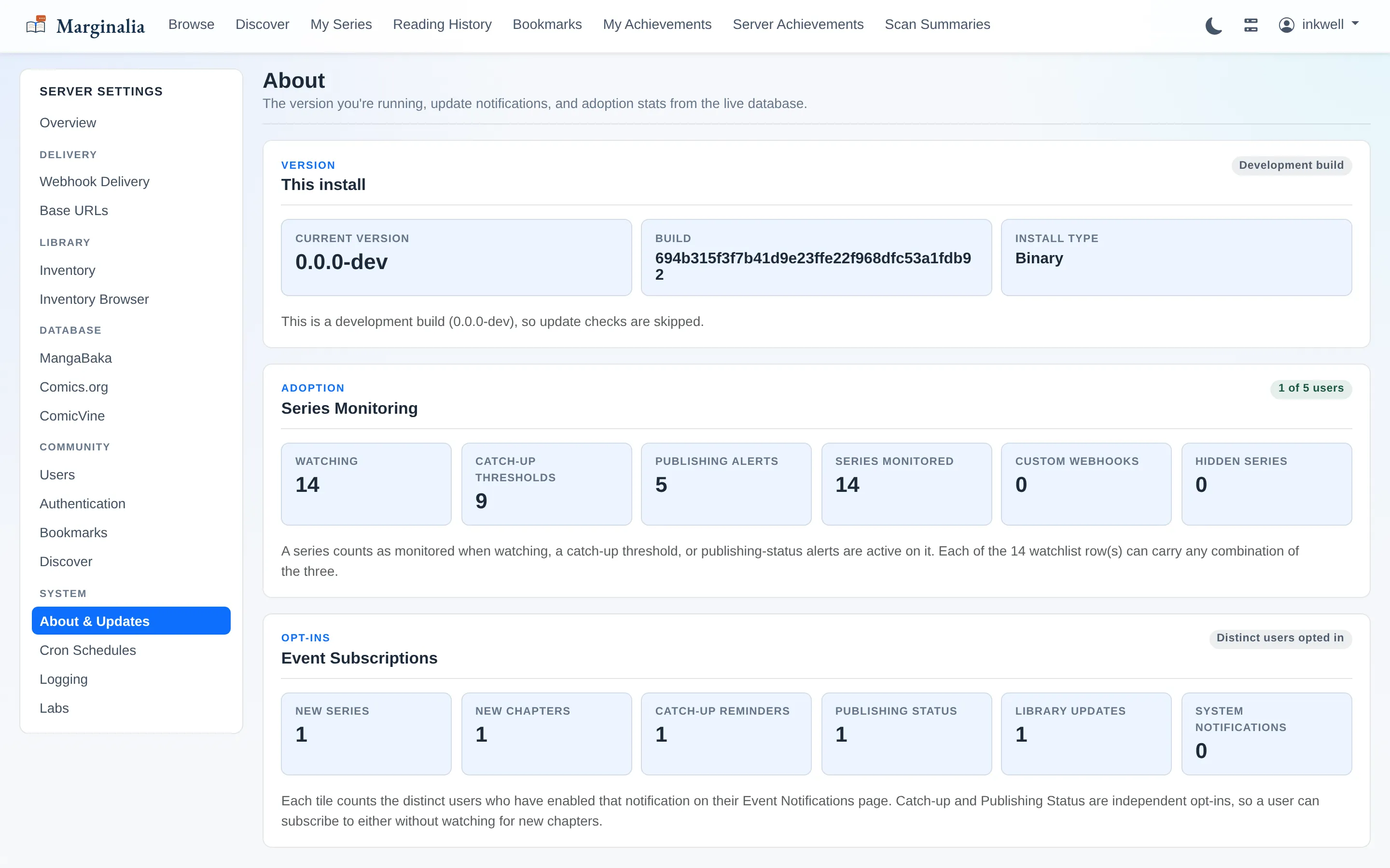 About and updates page showing version and feature adoption across the server