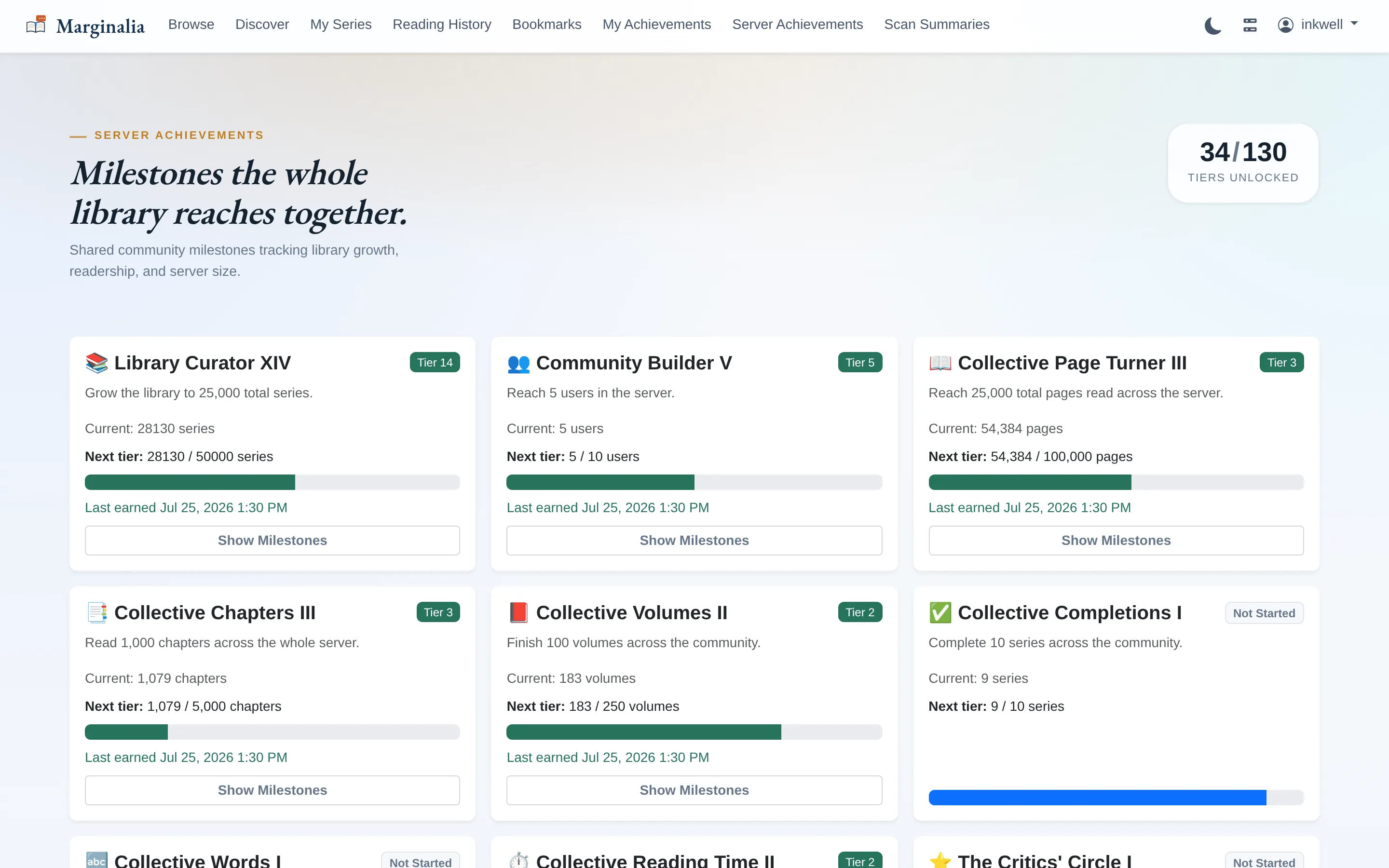 Server achievements page showing goals the whole install contributes to