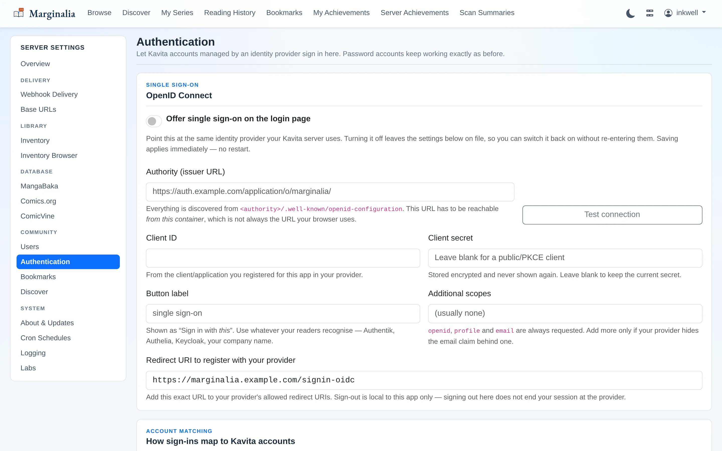 Authentication settings page with OpenID Connect configuration fields