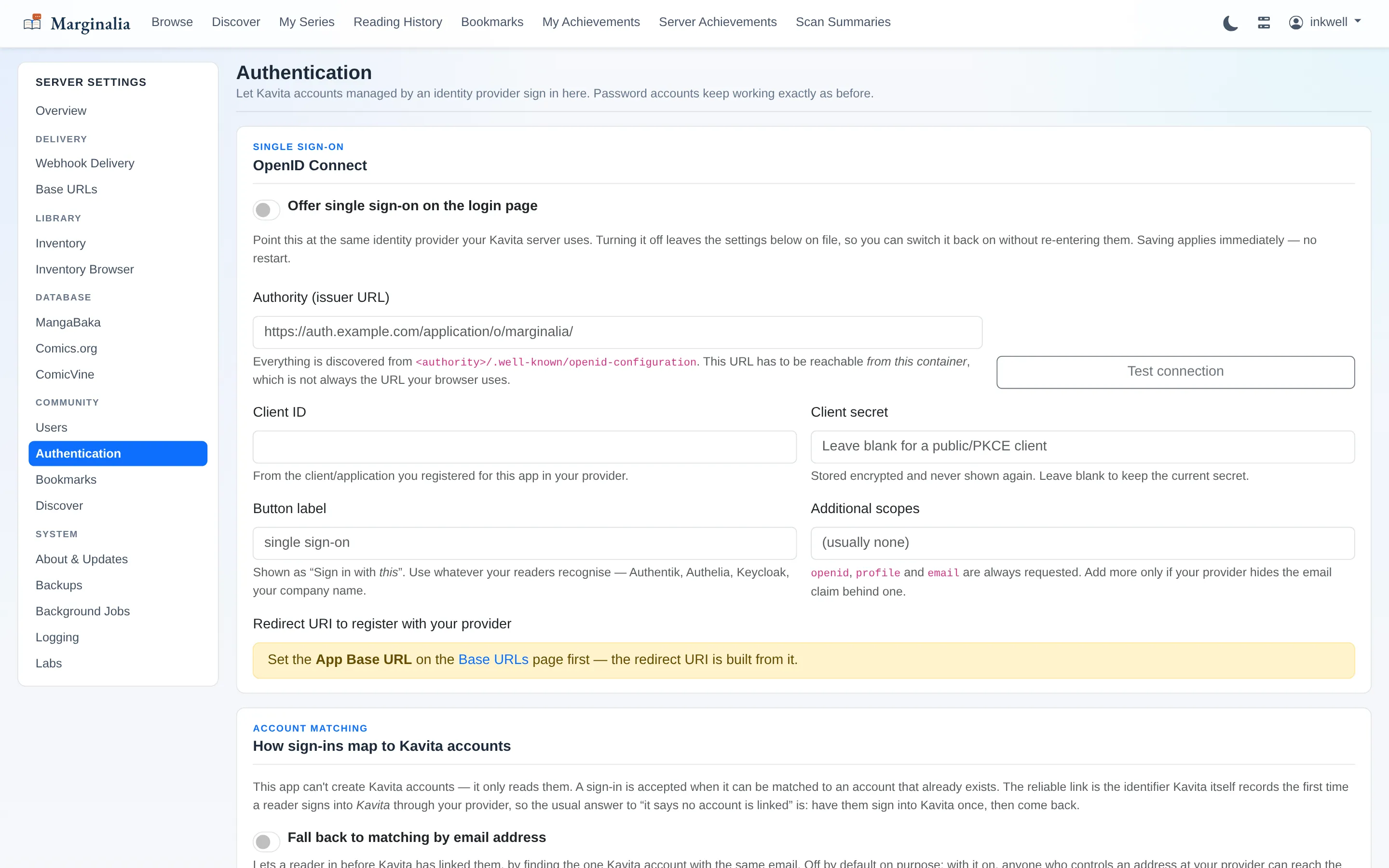 Authentication settings page with OpenID Connect configuration fields