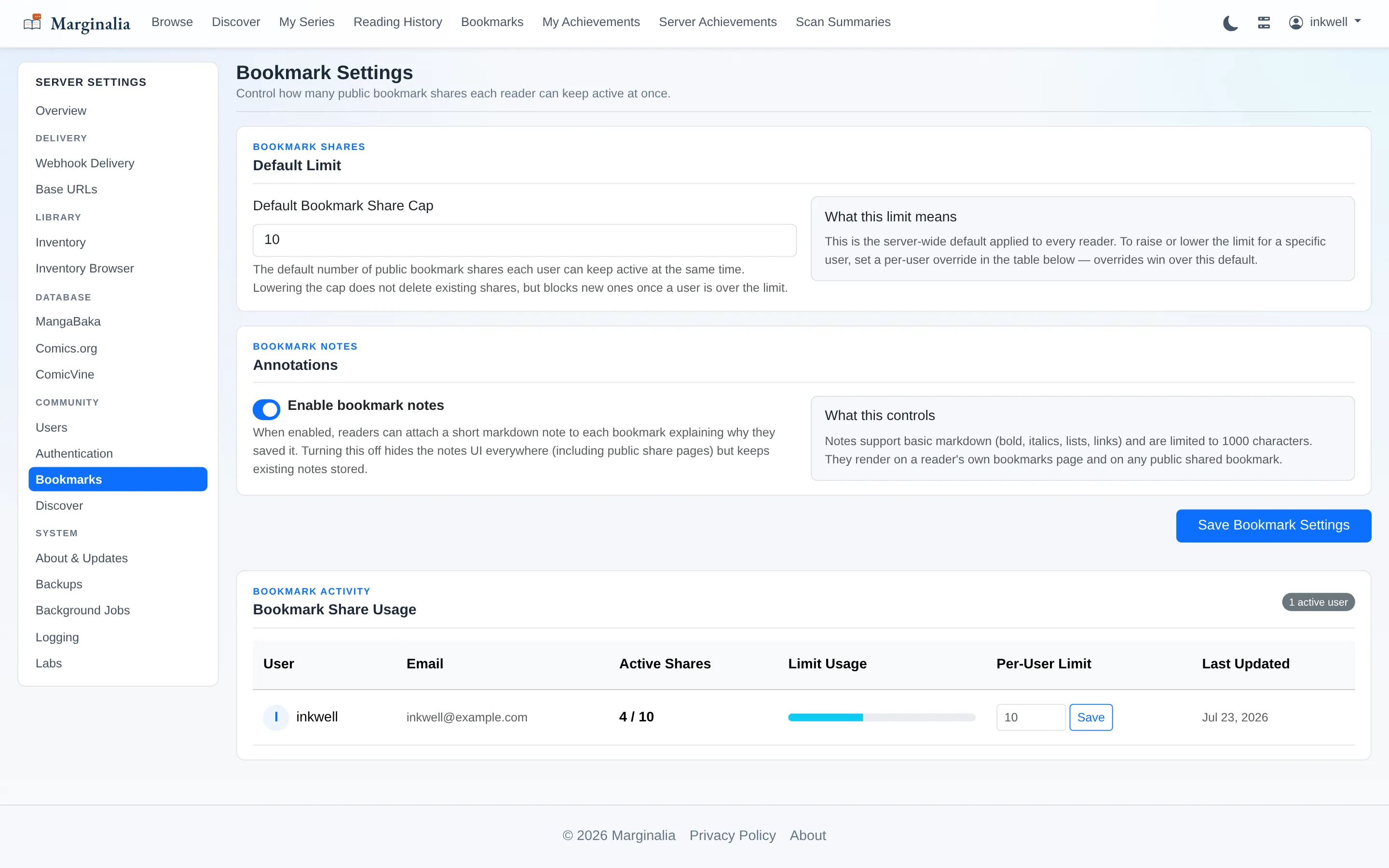 Server bookmarks settings showing the per-user public share cap and current usage
