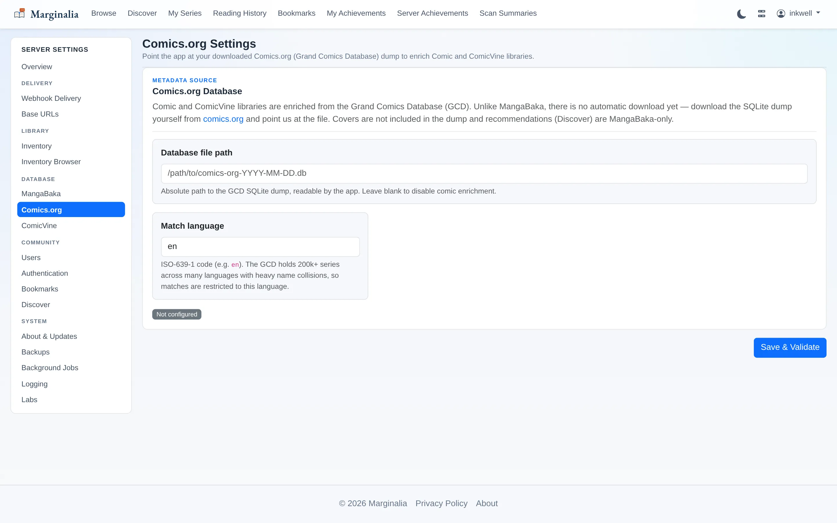 Comics.org provider settings page