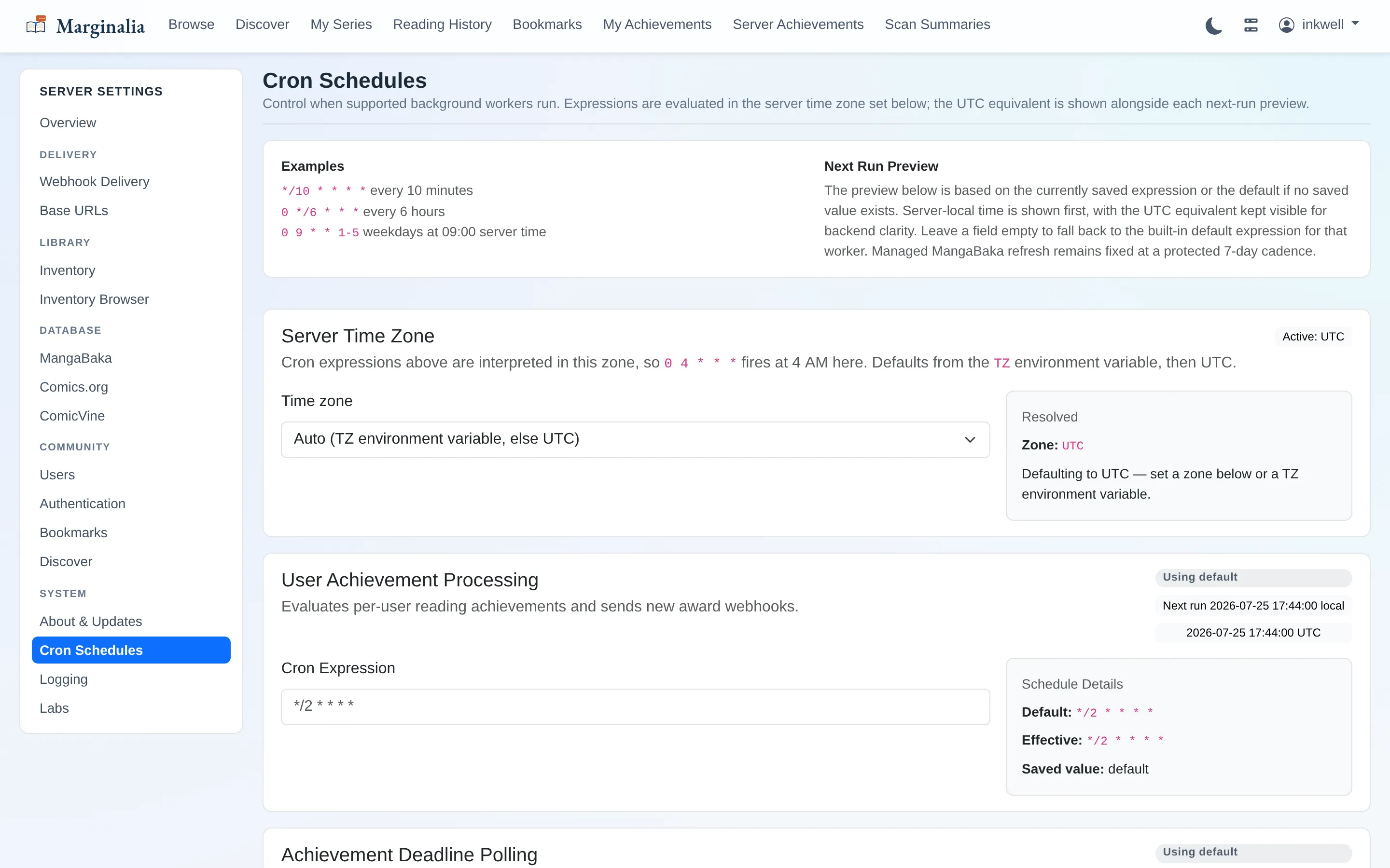 Cron schedule settings listing background jobs and their next run times