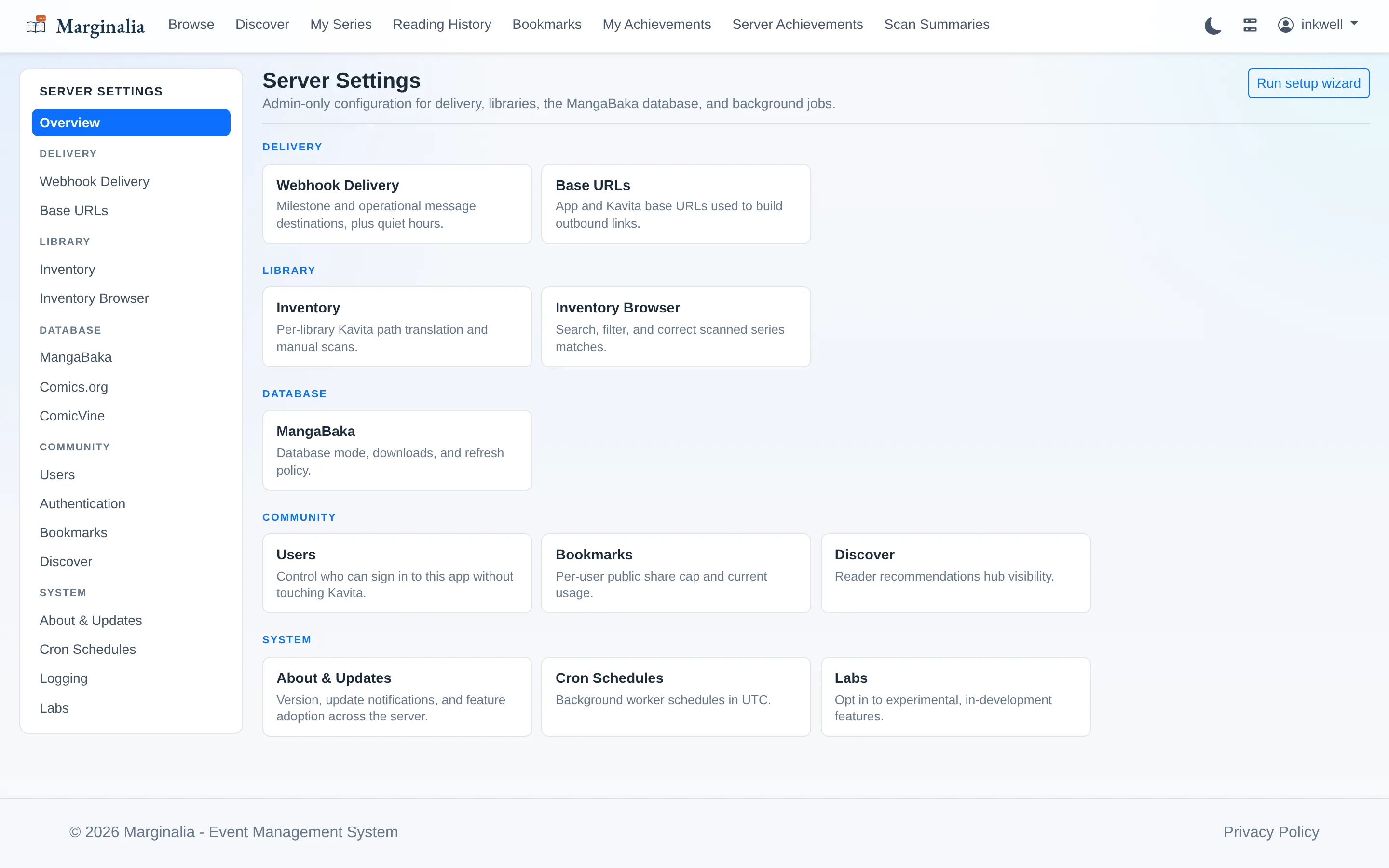 Server settings overview with grouped cards for delivery, library, database, community and system