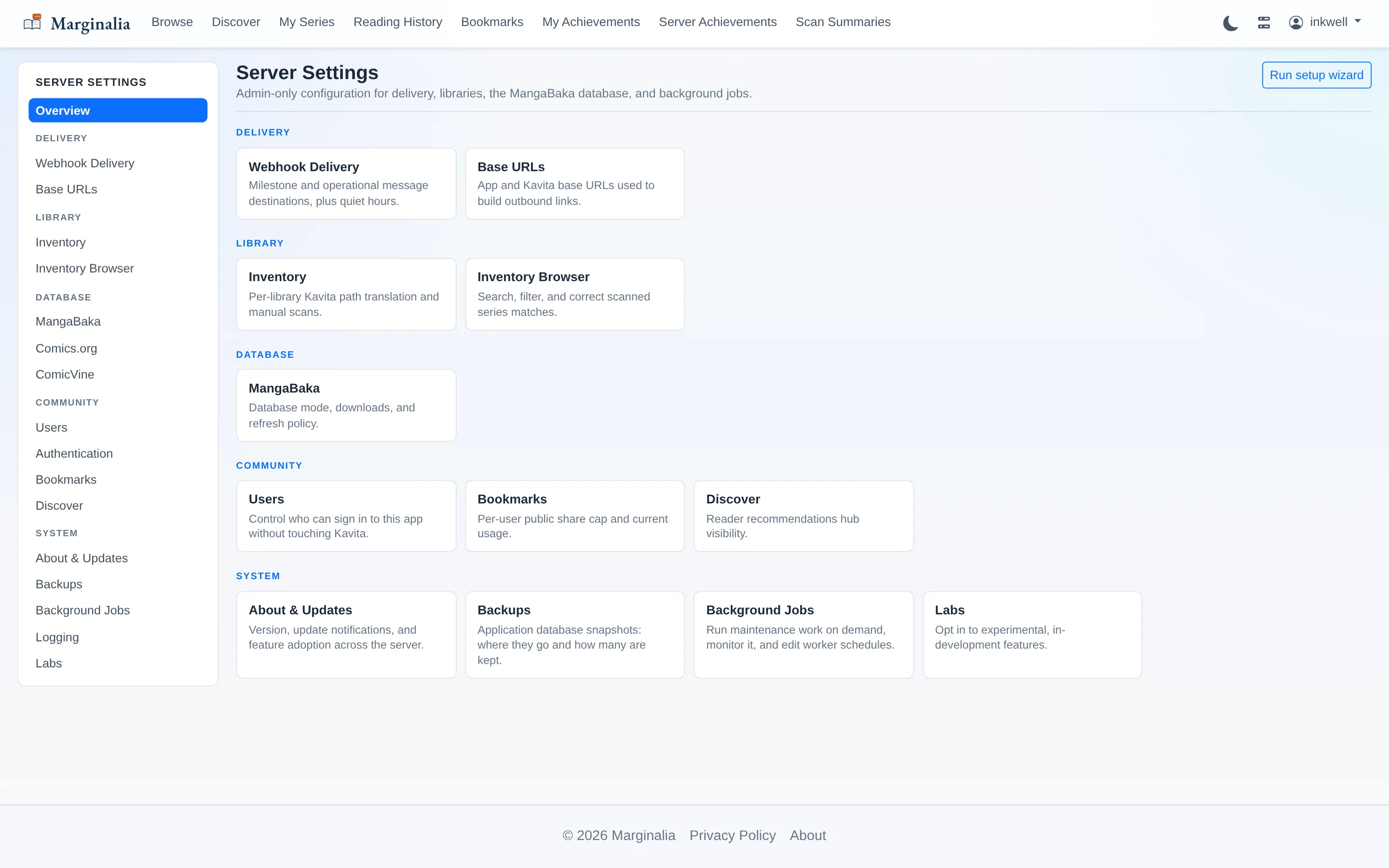 Server settings overview with grouped cards for delivery, library, database, community and system