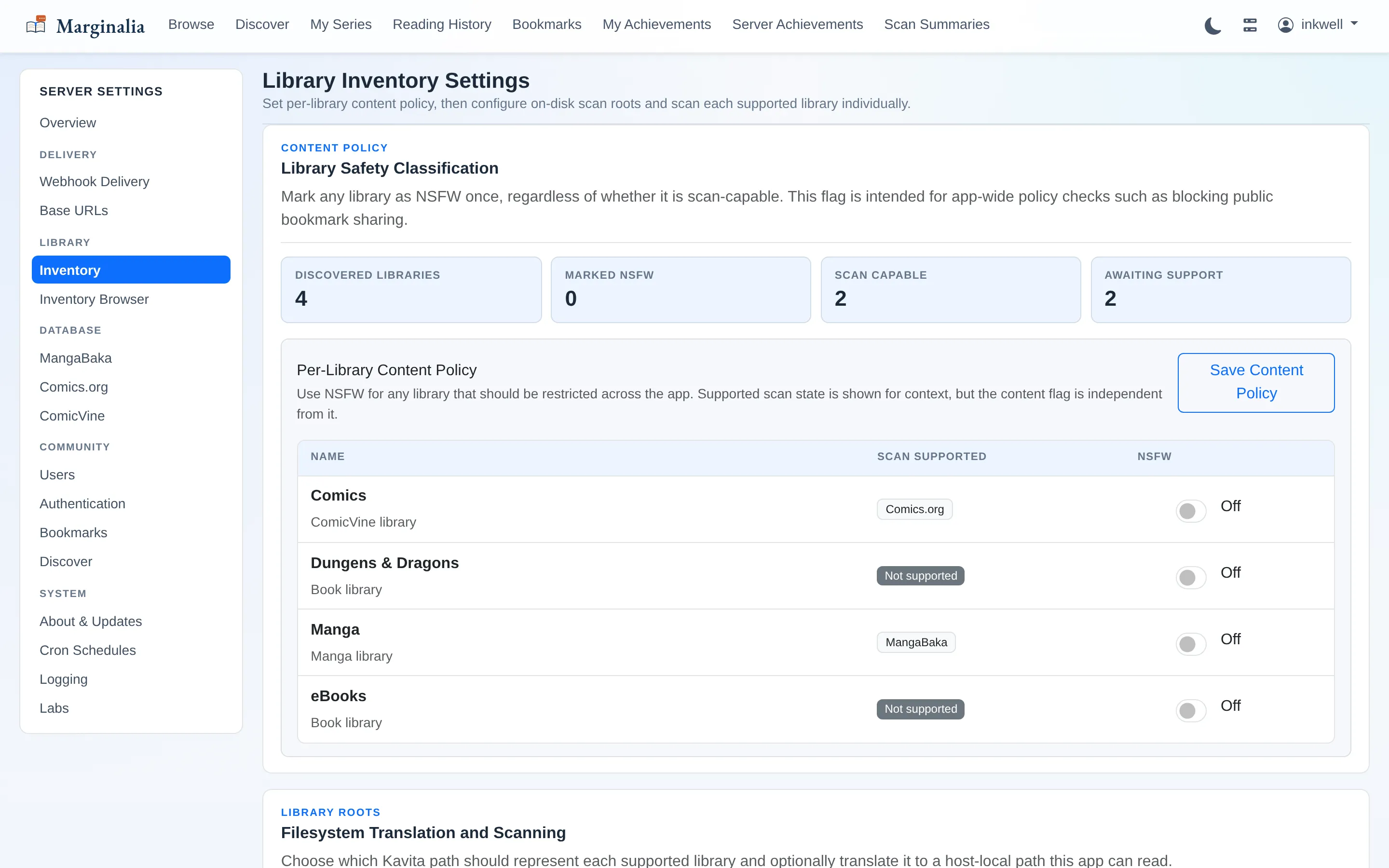 Library inventory settings showing per-library path translation