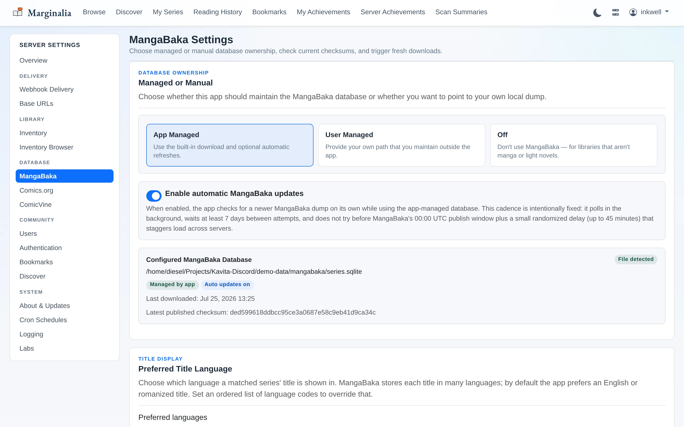 MangaBaka settings page showing the managed database status and refresh policy