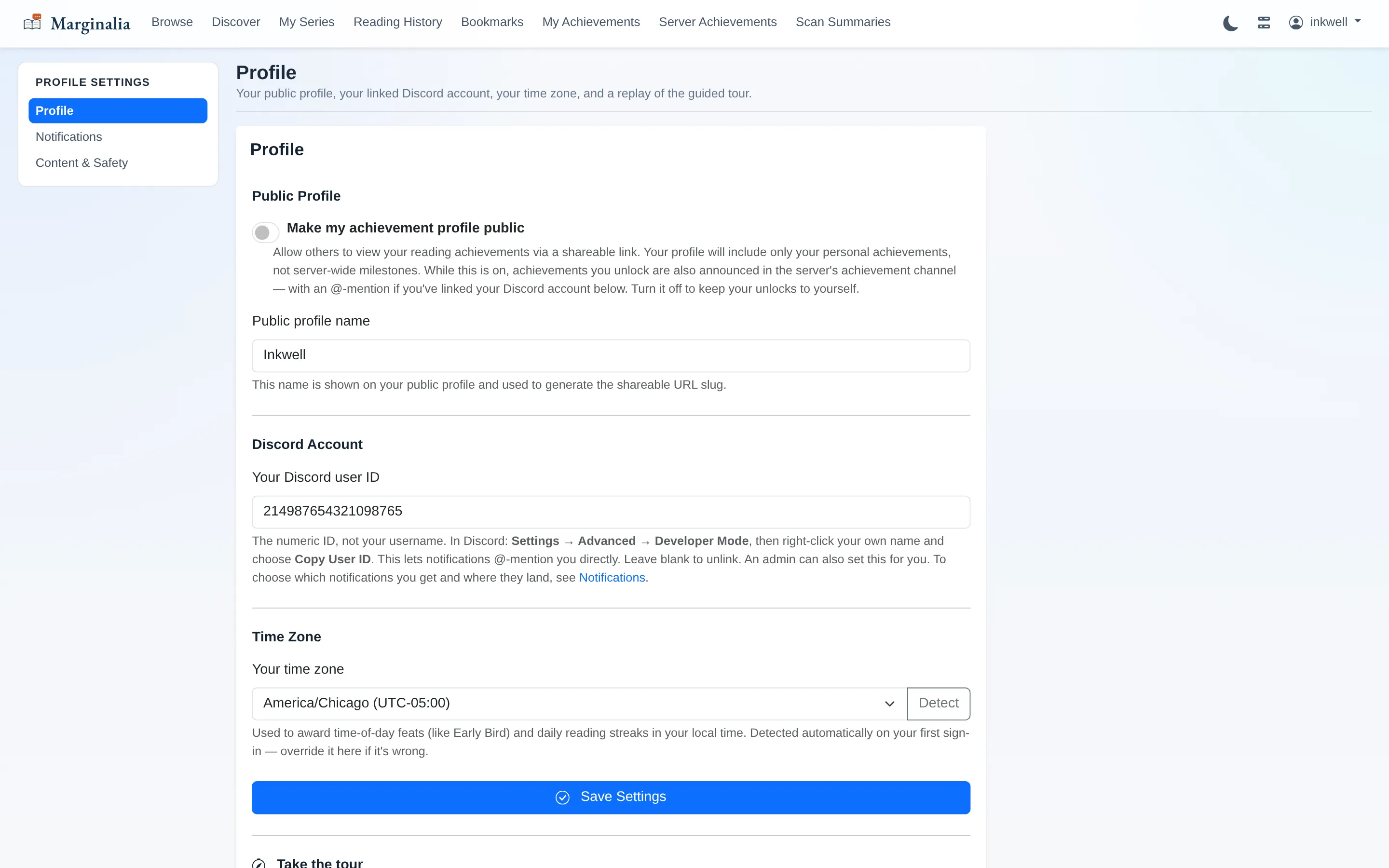 Profile settings page with public profile toggle, Discord user ID and timezone fields