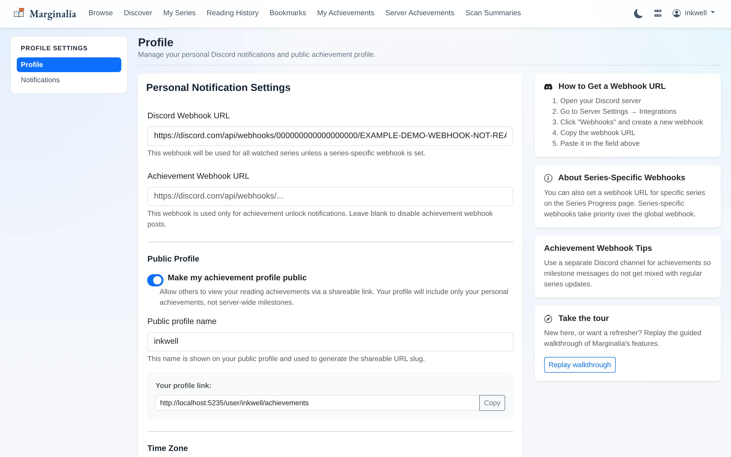 Profile settings page